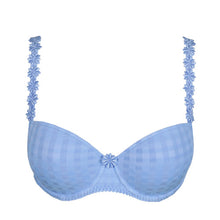 Load image into Gallery viewer, Smooth formed cup underwire balconnet bra with daisy strap detail. This underwire bra may be converted to a halter strap. This bra has the added advantage that it may be used as a halter or crossed over at the back. Fabric Content: Polyester: 53%, Polyamide: 39%, Elastane: 8%. Santorini Blue.