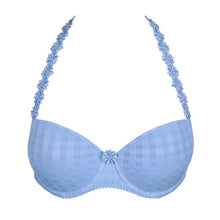 Load image into Gallery viewer, Smooth formed cup underwire balconnet bra with daisy strap detail. This underwire bra may be converted to a halter strap. This bra has the added advantage that it may be used as a halter or crossed over at the back. Fabric Content: Polyester: 53%, Polyamide: 39%, Elastane: 8%. Santorini Blue.