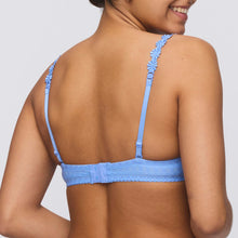 Load image into Gallery viewer, Smooth formed cup underwire balconnet bra with daisy strap detail. This underwire bra may be converted to a halter strap. This bra has the added advantage that it may be used as a halter or crossed over at the back. Fabric Content: Polyester: 53%, Polyamide: 39%, Elastane: 8%. Santorini Blue.