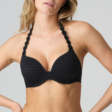 Load image into Gallery viewer, Black formed smooth underwire bra with a sweetheart-shaped cup. The straps may be worn normally but also adapt to a halter style. Lovely plunge line. The signature daisy straps complete the picture! This bra has the added advantage that it may also crossed over at the back. Fabric Content Polyester: 48%, Polyamide: 43%, Elastane: 9%