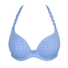 Load image into Gallery viewer, Santorini Blue formed smooth underwire bra with a sweetheart-shaped cup. The straps may be worn normally but also adapt to a halter style. Lovely plunge line. The signature daisy straps complete the picture! This bra has the added advantage that it may also crossed over at the back. Fabric Content Polyester: 48%, Polyamide: 43%, Elastane: 9%