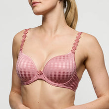Load image into Gallery viewer, Pink checkered bra with lace details on a plain background