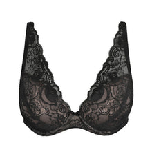 Load image into Gallery viewer, Black all-lace underwired plunge bra. It has a half-formed cup giving a lovely feminine shape that is comfortable and stylish. It offers full coverage, and the plunge cups add cleavage to any size. The wide lace straps are attractive enough to be shown.
Fabric content: Polyester: 32%, Polyamide: 59%, Elastane: 9%