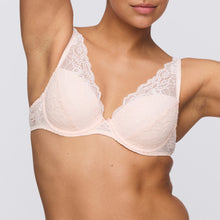 Load image into Gallery viewer, Crystal Pink all-lace underwired plunge bra. It has a half-formed cup giving a lovely feminine shape that is comfortable and stylish. It offers full coverage, and the plunge cups add cleavage to any size. The wide lace straps are attractive enough to be shown.
Fabric content: Polyester: 32%, Polyamide: 59%, Elastane: 9%