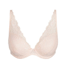 Load image into Gallery viewer, Crystal Pink all-lace underwired plunge bra. It has a half-formed cup giving a lovely feminine shape that is comfortable and stylish. It offers full coverage, and the plunge cups add cleavage to any size. The wide lace straps are attractive enough to be shown.
Fabric content: Polyester: 32%, Polyamide: 59%, Elastane: 9%