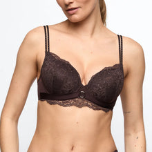 Load image into Gallery viewer, Woman wearing a dark brown lace bra on a plain background