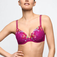 Load image into Gallery viewer, Woman wearing a purple bra with floral embroidery on a light gray background