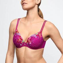 Load image into Gallery viewer, Woman wearing a purple bra with floral embroidery on a plain background