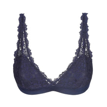 Load image into Gallery viewer, Navy blue lace bra on a white background