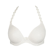 Load image into Gallery viewer, Ivory formed smooth underwire bra with a sweetheart-shaped cup. The straps may be worn normally but also adapt to a halter style. Lovely plunge line. The signature daisy straps complete the picture! This bra has the added advantage that it may also crossed over at the back. Fabric Content: Polyester: 48%, Polyamide: 43%, Elastane: 9%