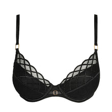 Load image into Gallery viewer, Black. A lattice trimmed plunge bra with removable pads. This gorgeously shaped bra adds cleavage to any bust size. The delicate straps give extra support without bulk. The removable pads allow the wearer to adjust the uplift. This bra lifts and centres the bust to give the ultimate cleavage.
Fabric content: Elastane:14%, Polyester:44%, Polyamide:42%