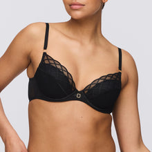Load image into Gallery viewer, Black. A lattice trimmed plunge bra with removable pads. This gorgeously shaped bra adds cleavage to any bust size. The delicate straps give extra support without bulk. The removable pads allow the wearer to adjust the uplift. This bra lifts and centres the bust to give the ultimate cleavage.
Fabric content: Elastane:14%, Polyester:44%, Polyamide:42%