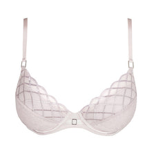 Load image into Gallery viewer, Marble. A lattice trimmed plunge bra with removable pads. This gorgeously shaped bra adds cleavage to any bust size. The delicate straps give extra support without bulk. The removable pads allow the wearer to adjust the uplift. This bra lifts and centres the bust to give the ultimate cleavage.
Fabric content: Elastane:14%, Polyester:44%, Polyamide:42%