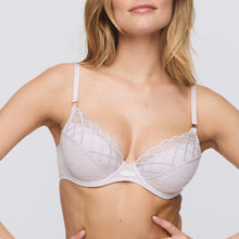 Load image into Gallery viewer, Marble. A lattice trimmed plunge bra with removable pads. This gorgeously shaped bra adds cleavage to any bust size. The delicate straps give extra support without bulk. The removable pads allow the wearer to adjust the uplift. This bra lifts and centres the bust to give the ultimate cleavage.
Fabric content: Elastane:14%, Polyester:44%, Polyamide:42%