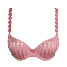 Load image into Gallery viewer, Pink checkered bra with floral straps on a white background