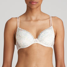 Load image into Gallery viewer, BEST SELLER!  An all-lace plunge bra with removable pads to the C cup. This gorgeously shaped bra adds cleavage to any bust size. The double delicate straps give extra support without bulk. The removable pads (in A to C) allow the wearer to adjust the uplift. This bra lifts and centres the bust to give the ultimate cleavage. D - E cups are a formed plunge but without a pad.  Fabric content: Polyamide: 54%, Polyester: 32%, Elastane: 14%. Boudoir Cream.

