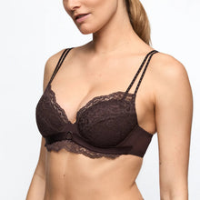Load image into Gallery viewer, Woman wearing a dark brown lace bra on a white background