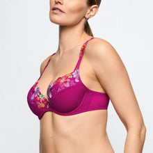 Load image into Gallery viewer, Woman wearing a purple bra with floral patterns on a light gray background