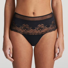 Load image into Gallery viewer, This is a luxurious lace and mesh Hotpants. They have feminine, retro look which features Italian black lace embroidery.  It is wide at the hip for a smooth silhouette. The strapping detail at the back offers that extra style and design.  Fabric content: Polyamide: 86%, Elastane: 11%, Cotton: 3%
