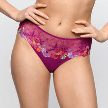Load image into Gallery viewer, Purple lace underwear with floral embroidery on a plain background