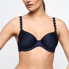 Load image into Gallery viewer, Navy blue bra with lace details on a plain background