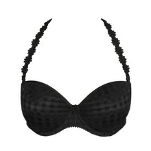 Load image into Gallery viewer, Black strapless formed cup underwire bra with a balconnet line. Straight back with silicone strip to give extra support when the bra is worn strapless. Excellent shape and support for those strapless occasions. May also be worn in a halter style. The signature daisy straps complete the picture! Fabric Content: Polyamide: 49%, Polyester: 41%, Elastane: 10%