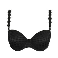Load image into Gallery viewer, Black strapless formed cup underwire bra with a balconnet line. Straight back with silicone strip to give extra support when the bra is worn strapless. Excellent shape and support for those strapless occasions. May also be worn in a halter style. The signature daisy straps complete the picture! Fabric Content: Polyamide: 49%, Polyester: 41%, Elastane: 10%