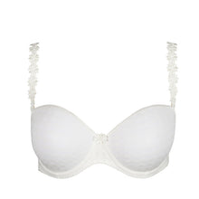 Load image into Gallery viewer, Ivory strapless formed cup underwire bra with a balconnet line. Straight back with silicone strip to give extra support when the bra is worn strapless. Excellent shape and support for those strapless occasions. May also be worn in a halter style. The signature daisy straps complete the picture! Fabric Content: Polyamide: 49%, Polyester: 41%, Elastane: 10%