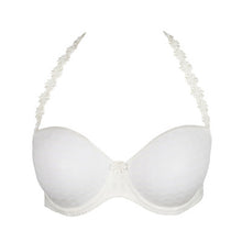 Load image into Gallery viewer, Ivory strapless formed cup underwire bra with a balconnet line. Straight back with silicone strip to give extra support when the bra is worn strapless. Excellent shape and support for those strapless occasions. May also be worn in a halter style. The signature daisy straps complete the picture! Fabric Content: Polyamide: 49%, Polyester: 41%, Elastane: 10%