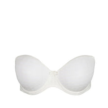 Load image into Gallery viewer, Ivory strapless formed cup underwire bra with a balconnet line. Straight back with silicone strip to give extra support when the bra is worn strapless. Excellent shape and support for those strapless occasions. May also be worn in a halter style. The signature daisy straps complete the picture! Fabric Content: Polyamide: 49%, Polyester: 41%, Elastane: 10%