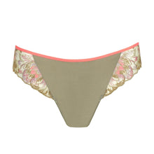 Load image into Gallery viewer, Khaki bikini bottom with floral trim on a white background