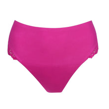 Load image into Gallery viewer, Pink high-waisted bikini bottom with lace trim on a white background