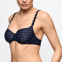 Load image into Gallery viewer, Navy blue bra with floral lace details on a plain background