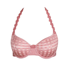 Load image into Gallery viewer, Pink checkered bra with floral straps on a white background