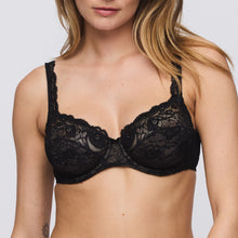 Load image into Gallery viewer, Black all-lace underwired full cup bra. It gives a lovely feminine shape that is comfortable and stylish. It has a non-transparent design that give good coverage. The pretty lace straps are attractive enough to be seen.
Fabric content: Cotton:18%, Polyamide:71%, Elastane:11%