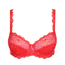 Load image into Gallery viewer, This full cup balconnet style underwire bra combines stylish looks with a comfortable fit. The soft delicate lace is almost invisible under clothing, offering a lovely smoothness. The cups have a double lining for support.  The colour is a funky mixture of pink & red. 
Fabric Content: Polyamide: 55%, Polyester: 30%, Elastane:15%