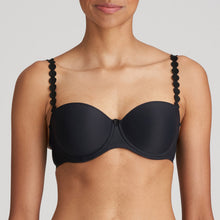 Load image into Gallery viewer, Charcoal strapless balconnet underwired bra. The shoulder straps have a playful circular design which can be converted into a halter style. The formed smooth finish of the cup is perfect under T/Shirts. Perfect for strapless or normal wear. Fabric Content: Polyamide: 39%, Polyester: 35%, Elastane: 26%
