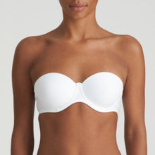 Load image into Gallery viewer, Pure White strapless balconnet underwired bra. The shoulder straps have a playful circular design which can be converted into a halter style. The formed smooth finish of the cup is perfect under T/Shirts. Perfect for strapless or normal wear. Fabric Content: Polyamide: 39%, Polyester: 35%, Elastane: 26%