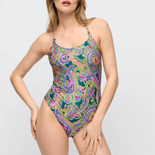 Load image into Gallery viewer, Multicolored paisley patterned swimsuit on a model against a plain background