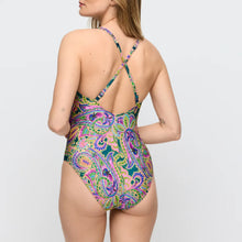 Load image into Gallery viewer, Woman wearing a colorful paisley-patterned swimsuit on a light gray background