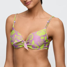 Load image into Gallery viewer, Woman wearing a purple and green patterned bikini top on a white background