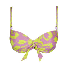 Load image into Gallery viewer, Purple and green bikini top with floral pattern on a white background