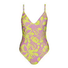 Load image into Gallery viewer, One-piece swimsuit with pink and green floral pattern on a white background