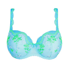 Load image into Gallery viewer, Blue bra with floral embroidery on a white background