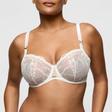 Load image into Gallery viewer, White lace bra worn by a model on a plain background