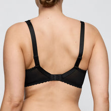 Load image into Gallery viewer, Rear view of a woman wearing a black underwire bra with sheer mesh cups, scalloped trim, and adjustable shoulder straps against a light gray background.