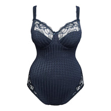 Load image into Gallery viewer, Navy blue bodysuit with lace details on a white background