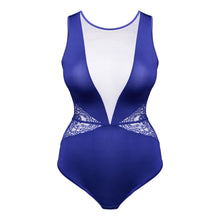 Load image into Gallery viewer, Blue swimsuit with lace details on a white background