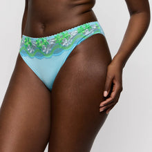 Load image into Gallery viewer, Light blue bikini bottom with green lace trim on a neutral background
