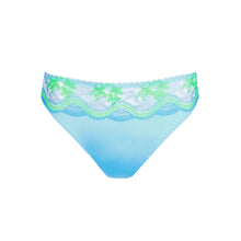 Load image into Gallery viewer, Blue bikini bottom with green floral lace trim on a white background